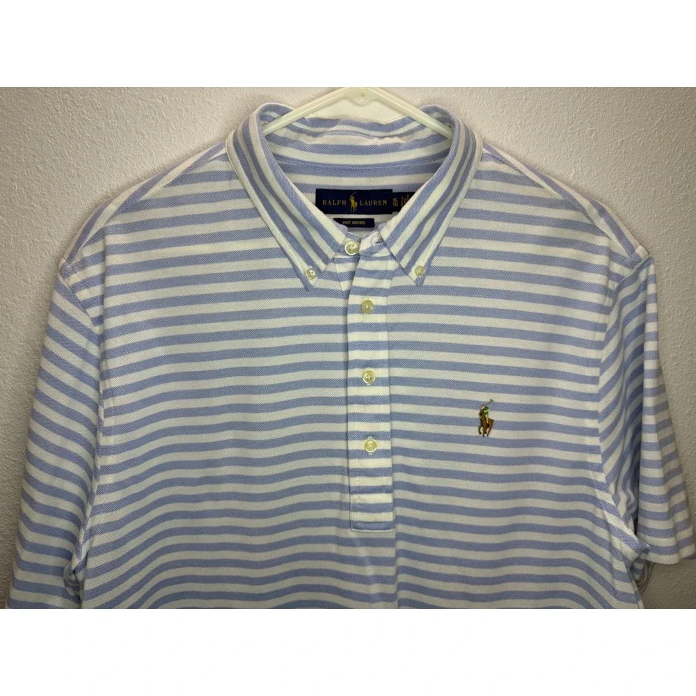 Ralph Lauren Knit Oxford Polo Shirt Mens XL Blue White Striped Short Sleeve